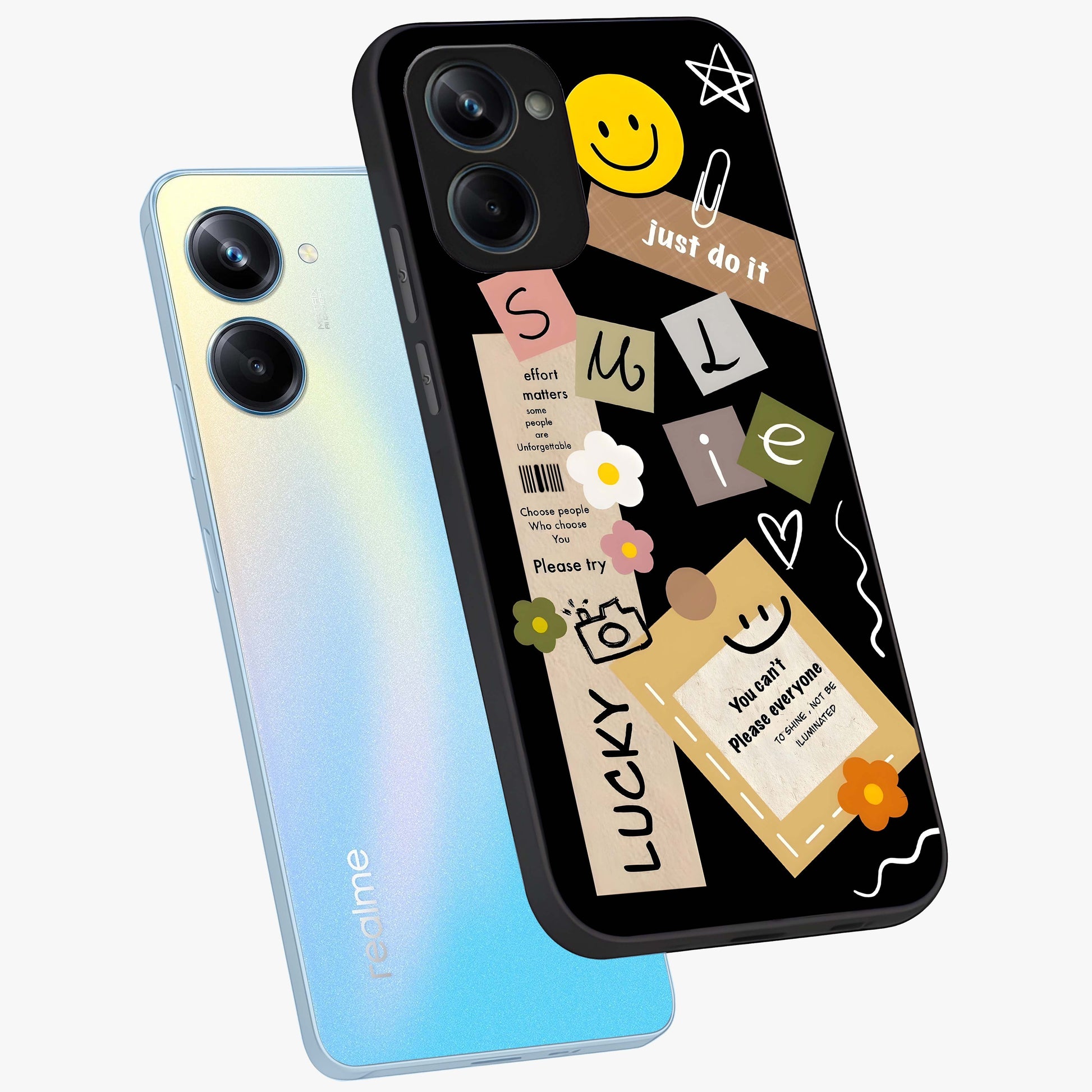Lucky Aesthetic Collage Glass Case displayed in angled mockup highlighting stylish collage pattern with modern aesthetic vibe.