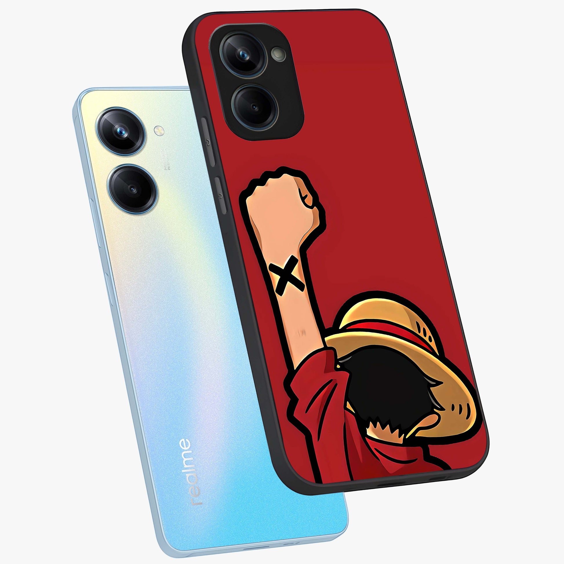 Luffy X Spirit Glass Case displayed in angled mockup highlighting powerful anime design with energetic action aesthetic.