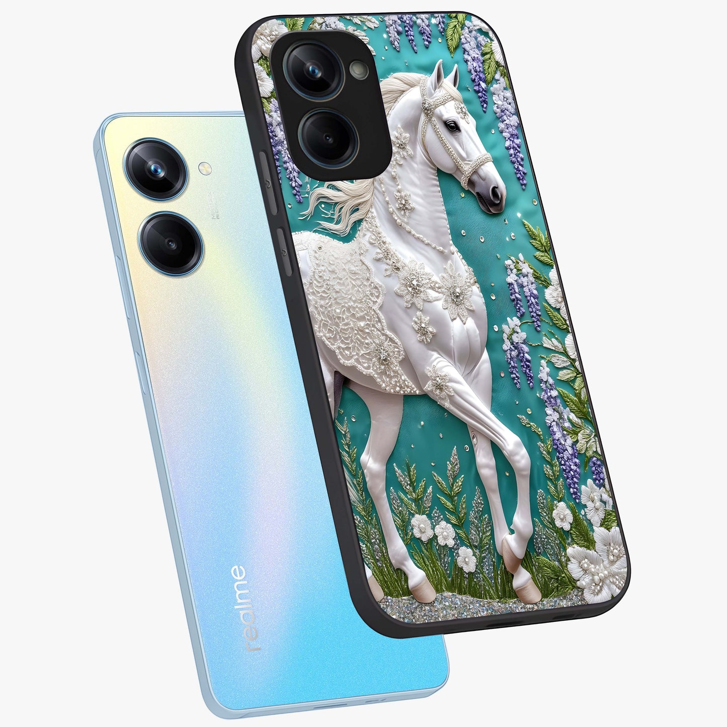 Majestic Floral Stallion Glass Case displayed in angled mockup highlighting majestic stallion illustration with elegant floral aesthetic.