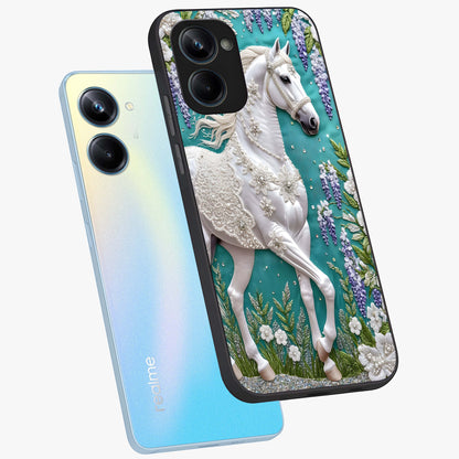 Majestic Floral Stallion Glass Case displayed in angled mockup highlighting majestic stallion illustration with elegant floral aesthetic.