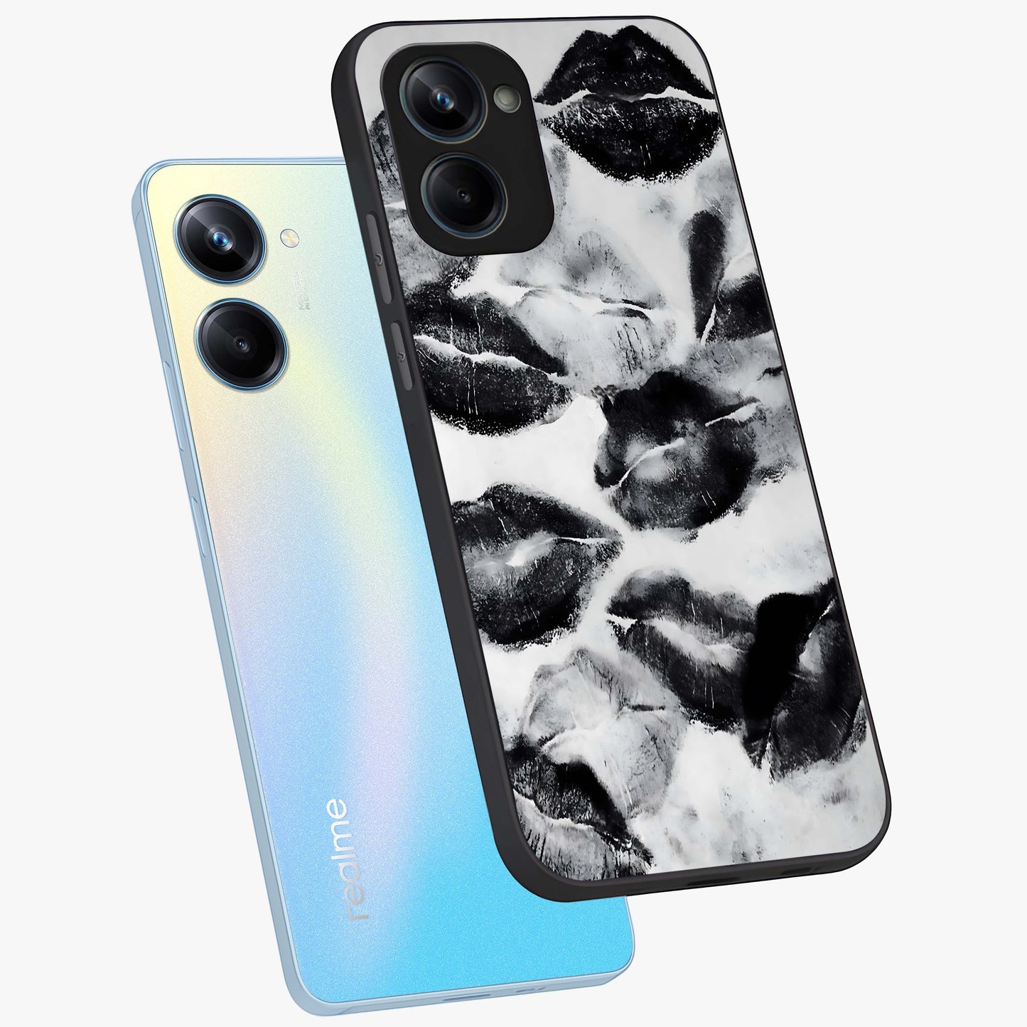 Midnight Kiss Marks Glass Case displayed in angled mockup highlighting playful romantic design with bold midnight aesthetic.