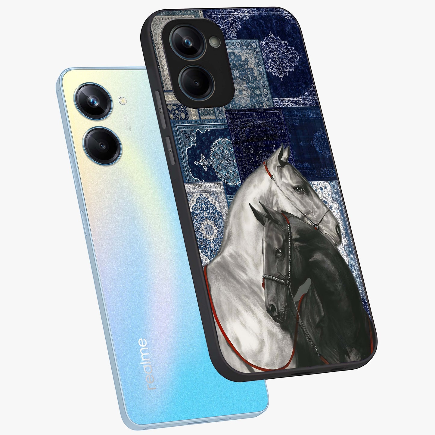 Midnight Stallion Blues Glass Case displayed in angled mockup highlighting powerful stallion illustration with deep midnight tones.