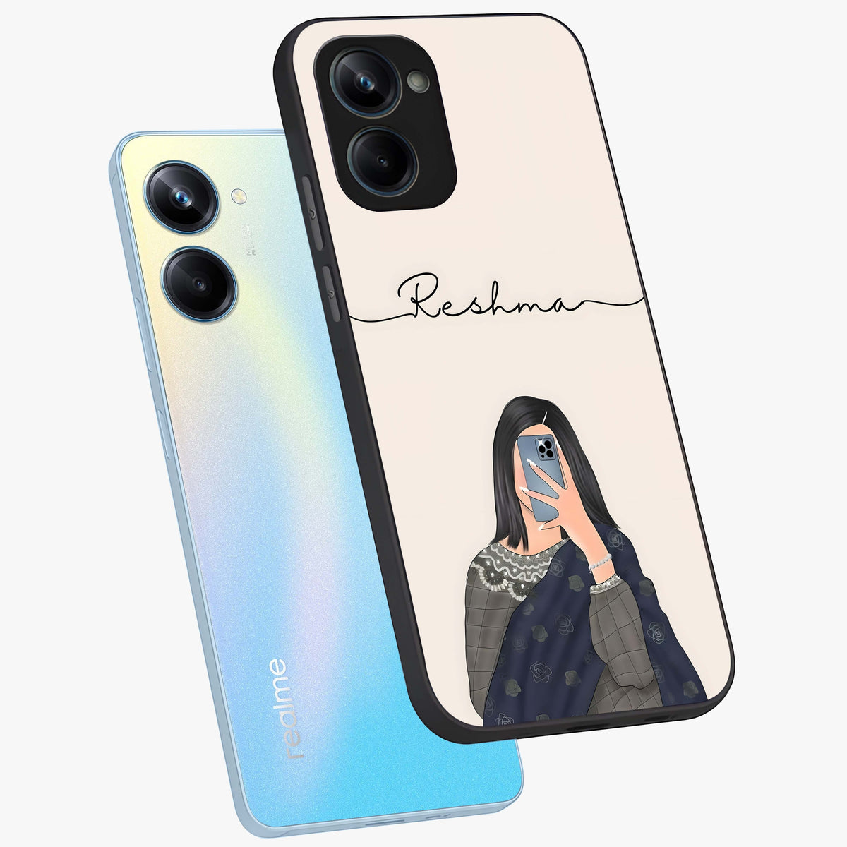 Mirror Mood Muse With Custom Name Glass Case displayed in angled mockup highlighting aesthetic mirror inspired design with custom name feature.