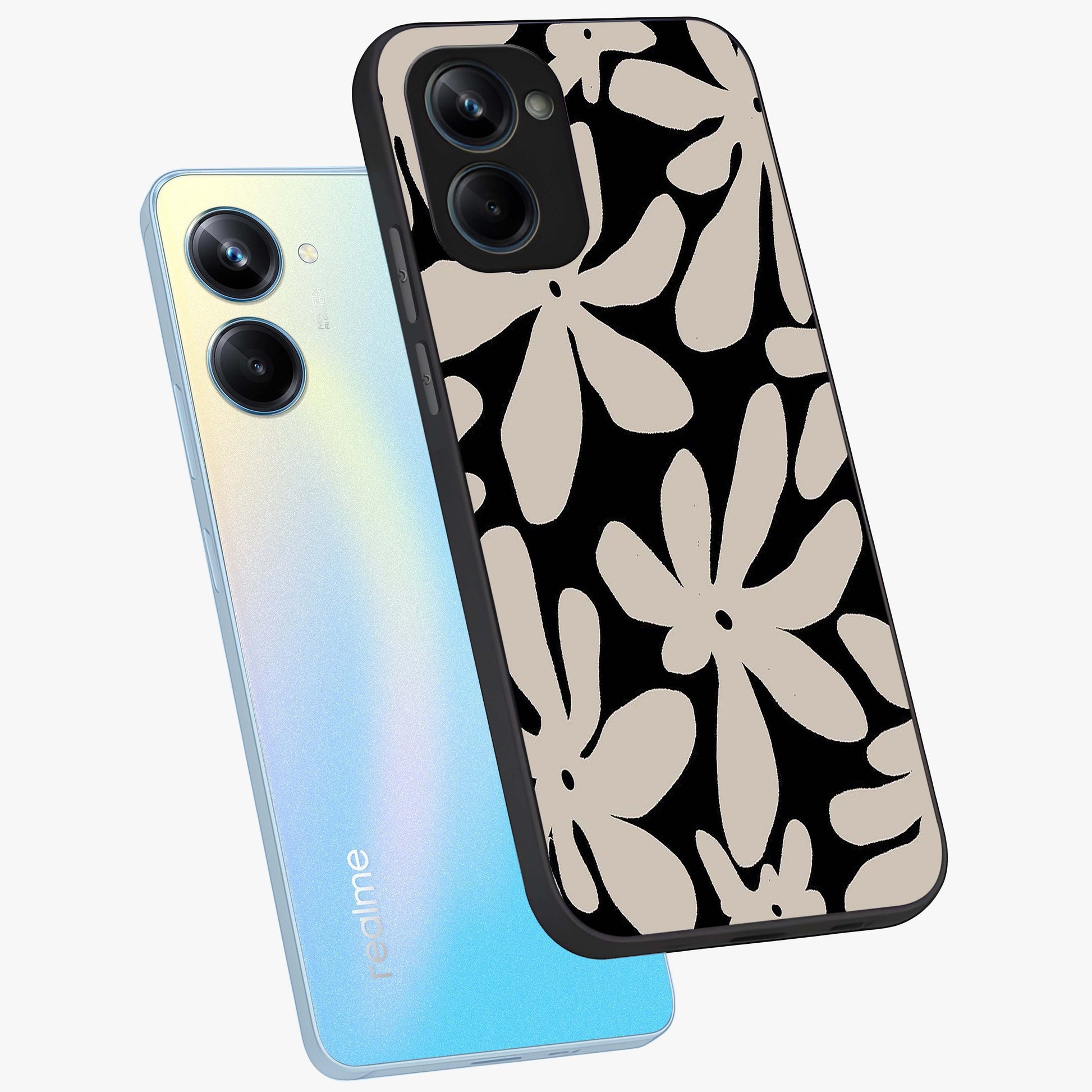Monochrome Petal Dance Glass Case displayed in angled mockup highlighting elegant petal design with black and white aesthetic.