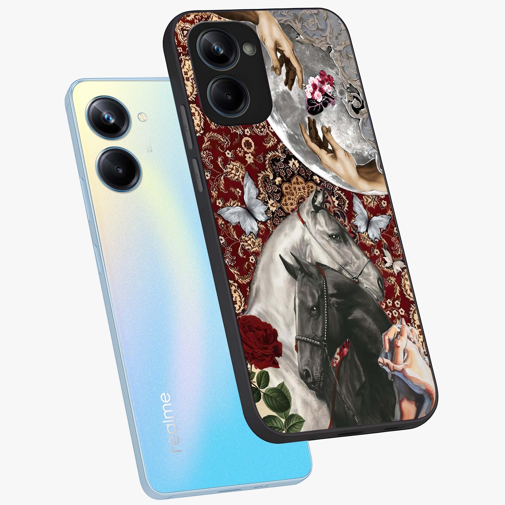 Moonlit Royal Stallion Glass Case displayed in angled mockup highlighting powerful stallion illustration with royal night aesthetic.
