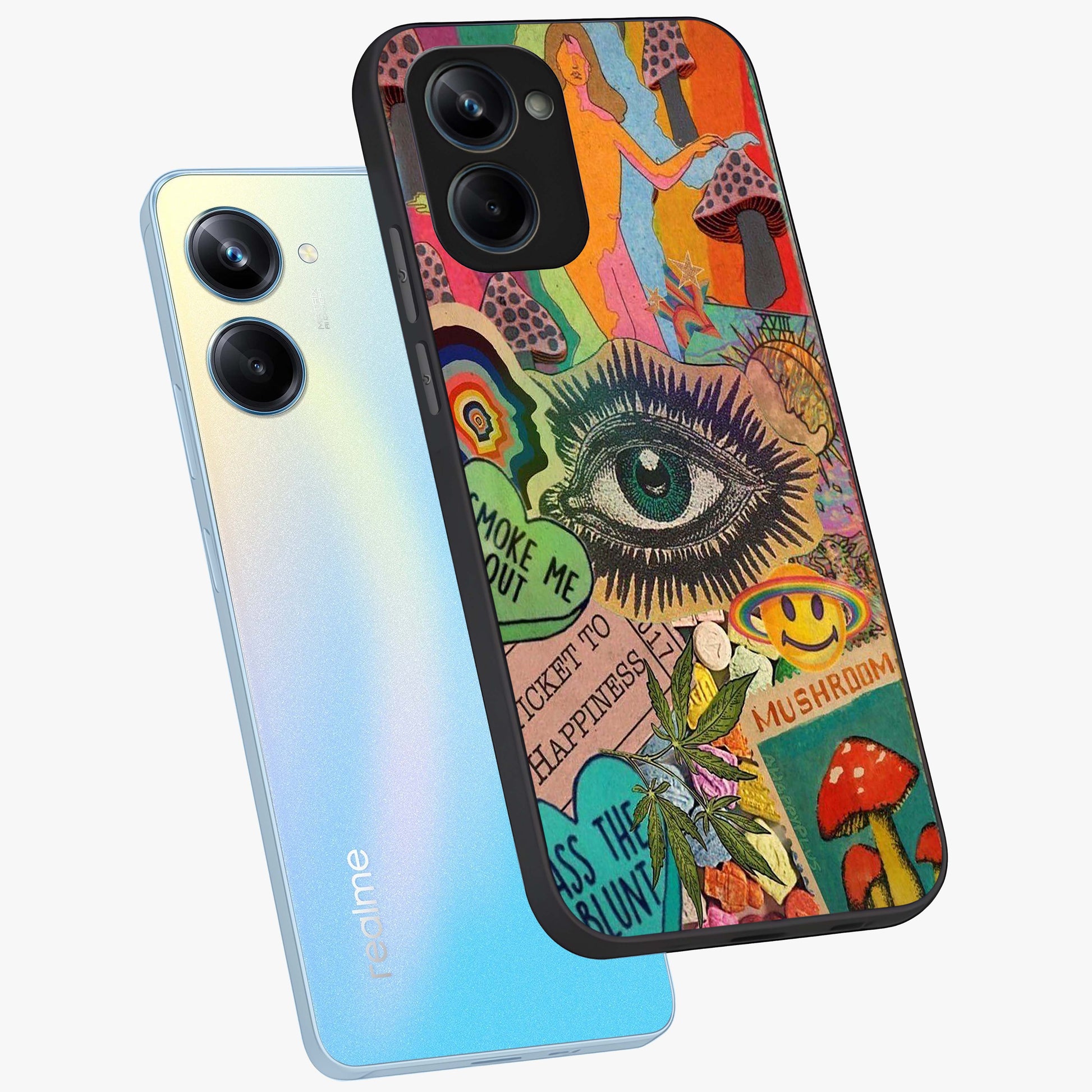 Mystic Eye Wonderland Glass Case displayed in angled mockup highlighting magical eye illustration with dreamy aesthetic.