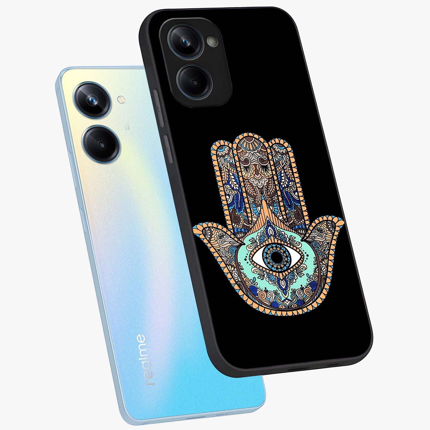 Mystic Hamsa Eye Glass Case displayed in angled mockup highlighting spiritual hamsa symbol with mystical aesthetic style.