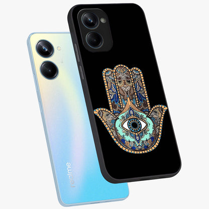 Mystic Hamsa Eye Glass Case displayed in angled mockup highlighting spiritual hamsa symbol with mystical aesthetic style.