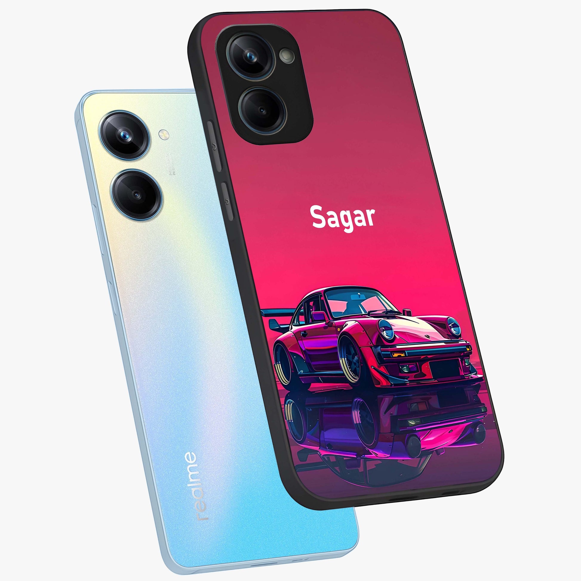 Neon Pink Porsche Glass Case displayed in angled mockup highlighting sleek neon pink car design with racing aesthetic.