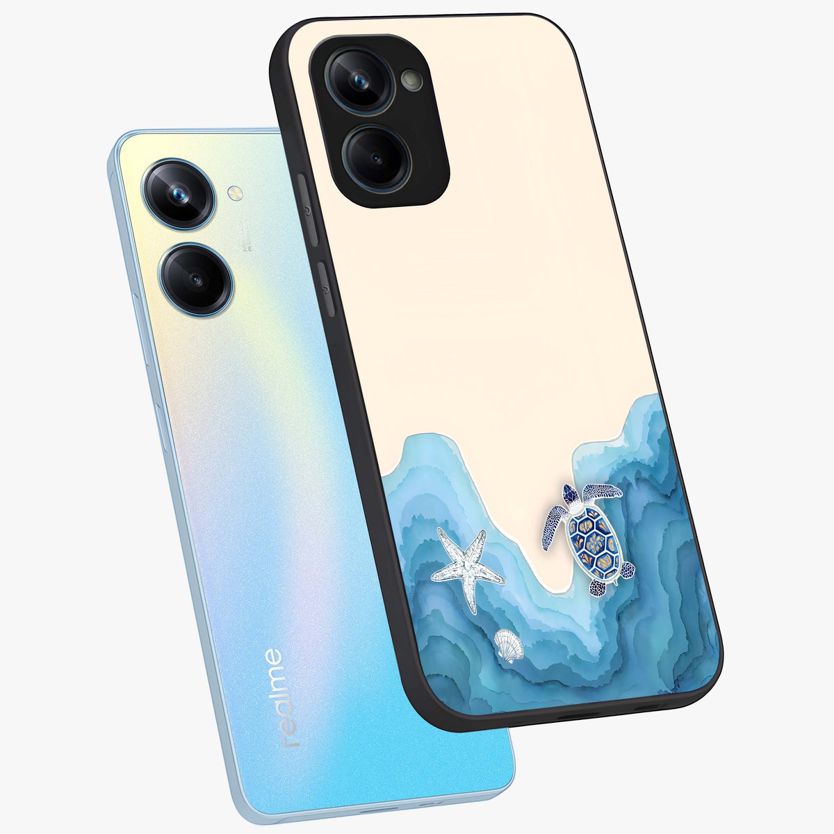 Ocean Drift Turtle Glass Case displayed in angled mockup highlighting peaceful ocean turtle illustration with marine aesthetic.