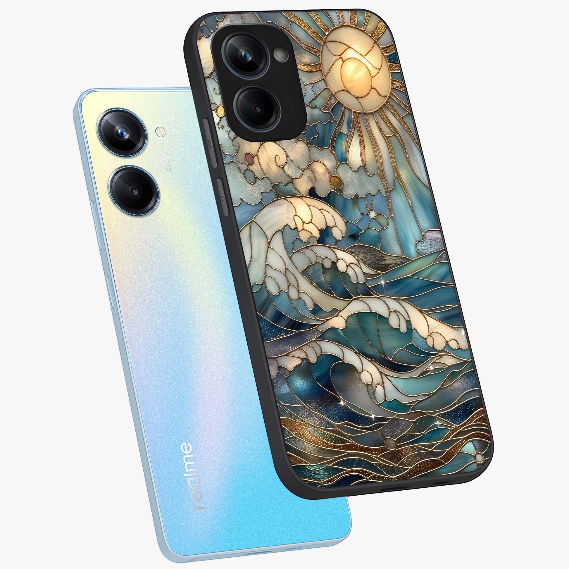 Oceanic Stained Printed Glass Case displayed in angled mockup highlighting colorful aquatic design with artistic aesthetic style.
