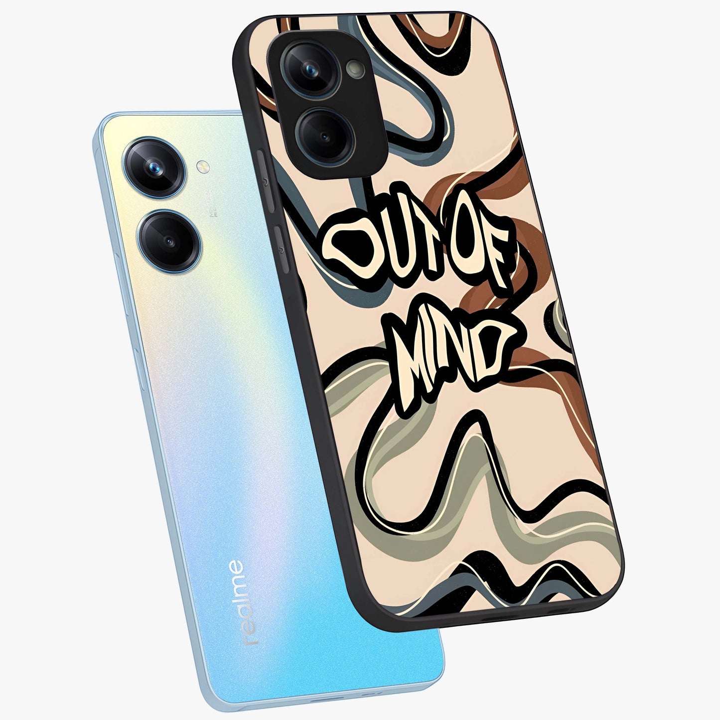 Out Of Mind Glass Case displayed in angled mockup highlighting bold statement design with modern artistic aesthetic.