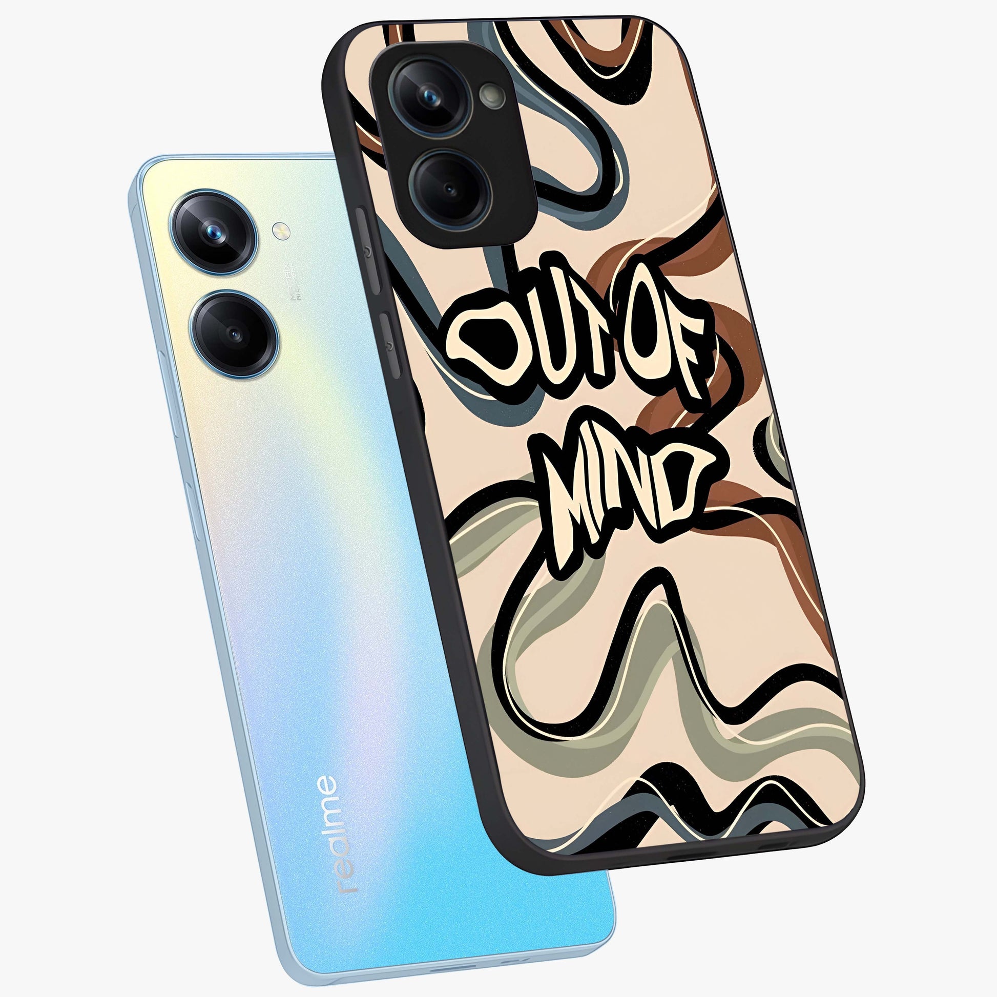 Out Of Mind Glass Case displayed in angled mockup highlighting bold statement design with modern artistic aesthetic.