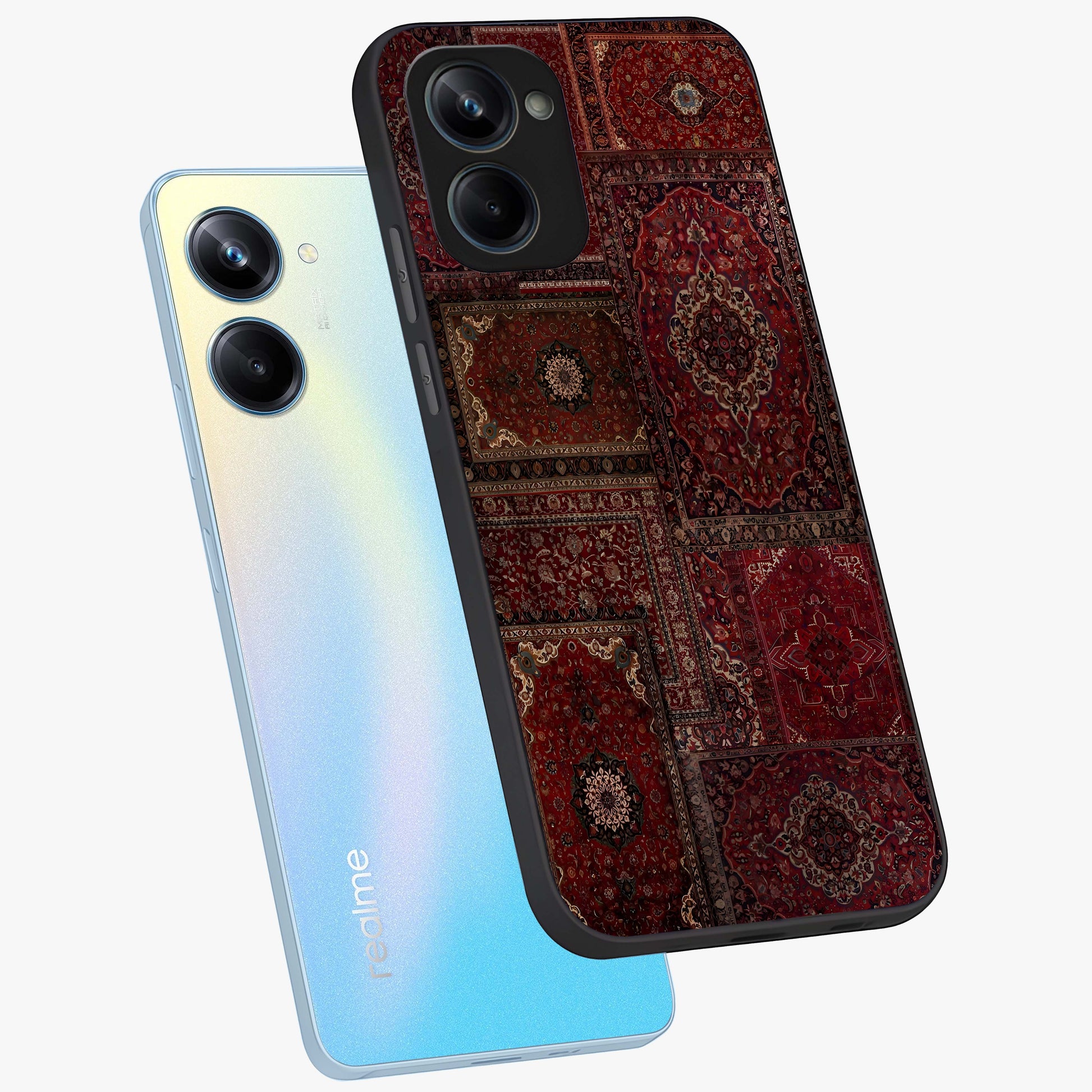 Persian Velvet Tale Glass Case displayed in angled mockup highlighting ornate textile inspired design with royal aesthetic.