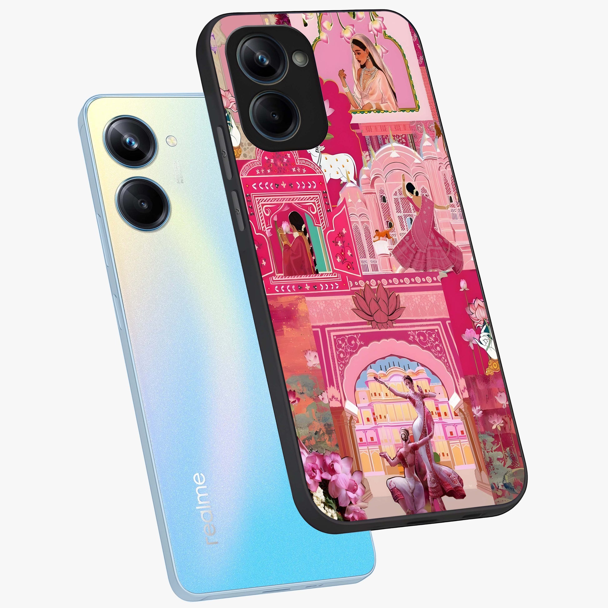 Pink Palace Muse Glass Case displayed in angled mockup highlighting dreamy palace illustration with soft pink aesthetic.