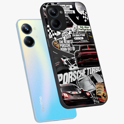 Porsche Racing Collage Glass Case displayed in angled mockup highlighting dynamic automotive design with bold racing aesthetic.