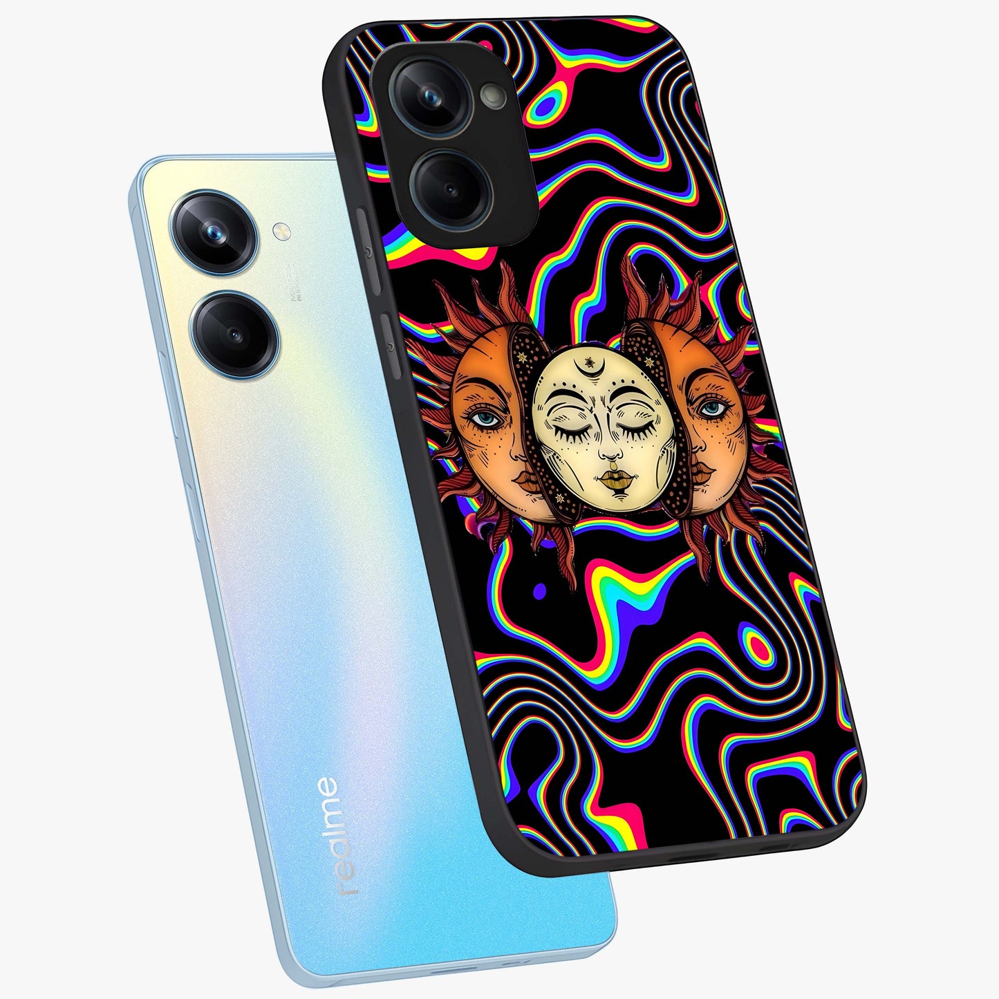 Psychedelic Sun Glass Case displayed in angled mockup highlighting vibrant abstract sun design with artistic aesthetic style.