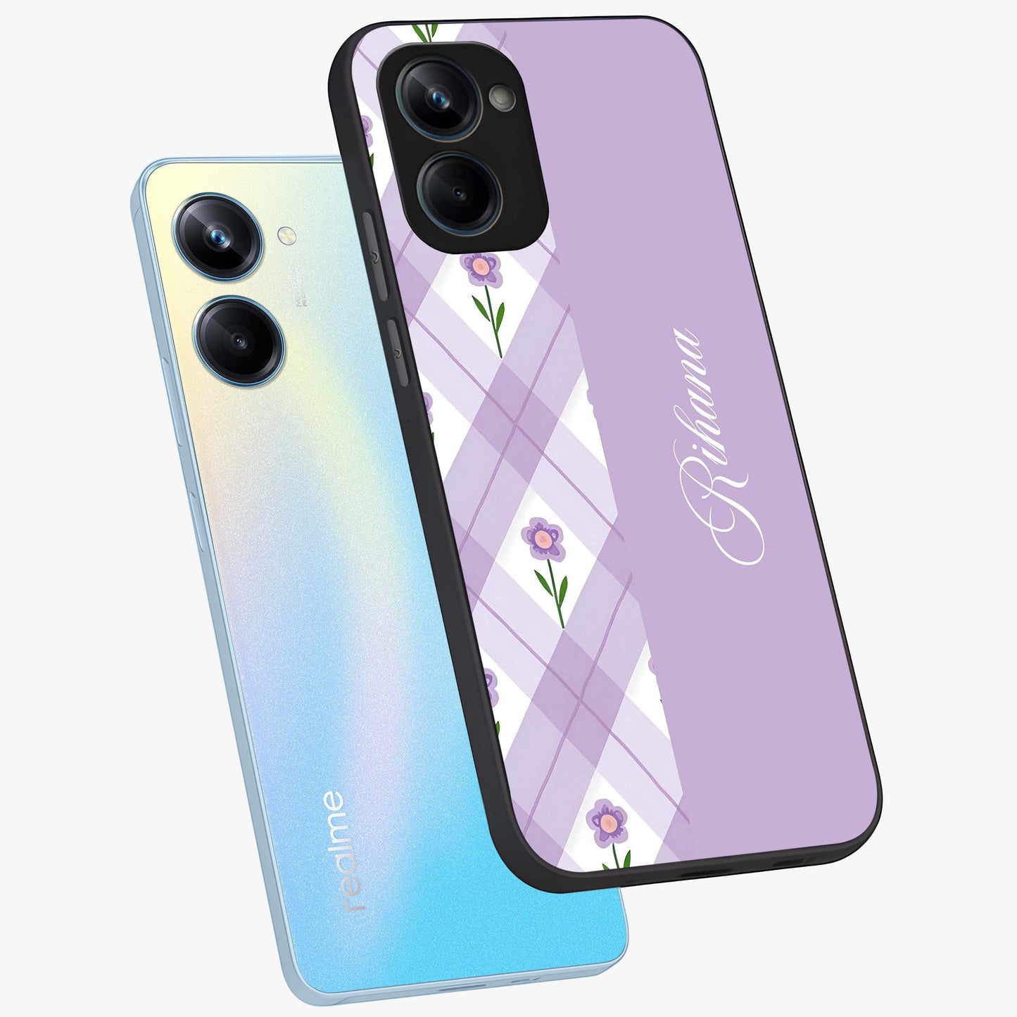 Purple Diamond Floral Glass Case displayed in angled mockup highlighting elegant purple flower design with decorative pattern.