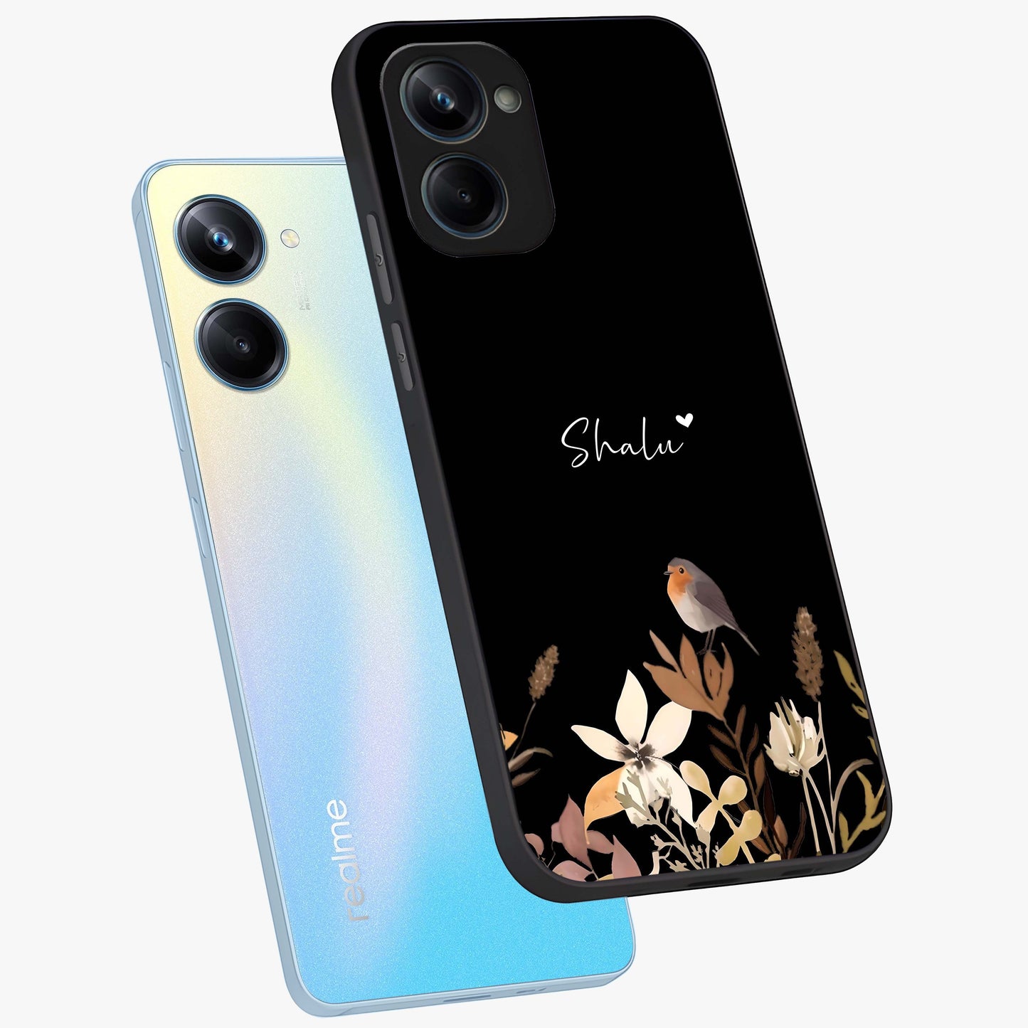 Quiet Garden Tune Custom Name Glass Case displayed in angled mockup highlighting delicate floral garden design with custom name feature.
