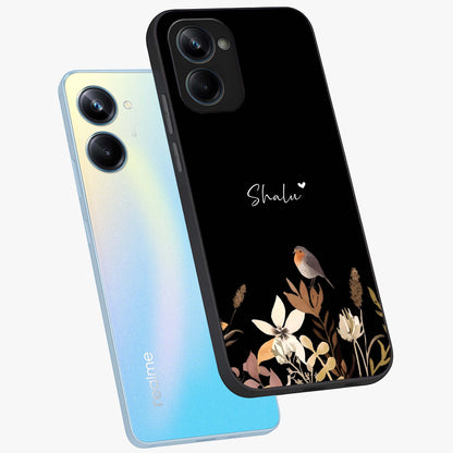 Quiet Garden Tune Custom Name Glass Case displayed in angled mockup highlighting delicate floral garden design with custom name feature.