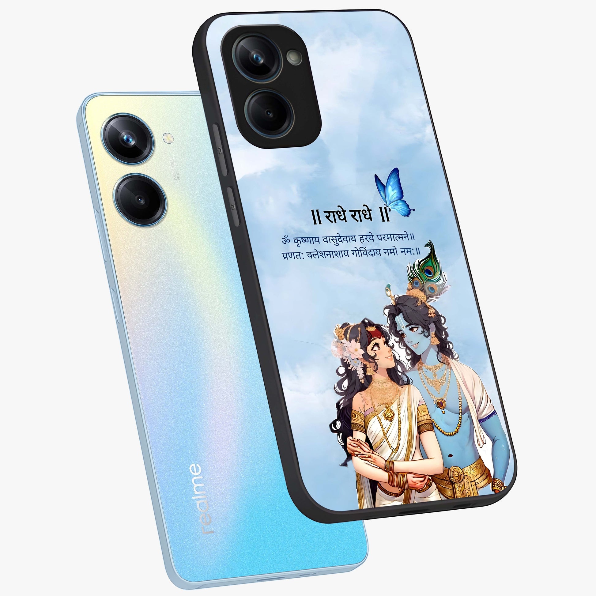 Radha Krishna Eternal Glass Case displayed in angled mockup highlighting divine Radha Krishna illustration with spiritual aesthetic.
