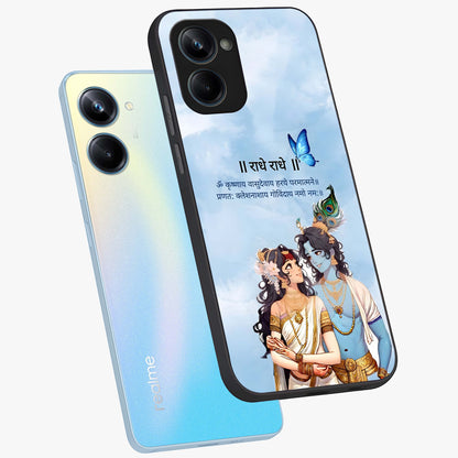 Radha Krishna Eternal Glass Case displayed in angled mockup highlighting divine Radha Krishna illustration with spiritual aesthetic.