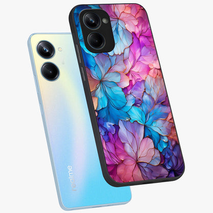Radiant Floral Whirl Glass Case displayed in angled mockup highlighting vibrant flower pattern with dynamic artistic aesthetic.