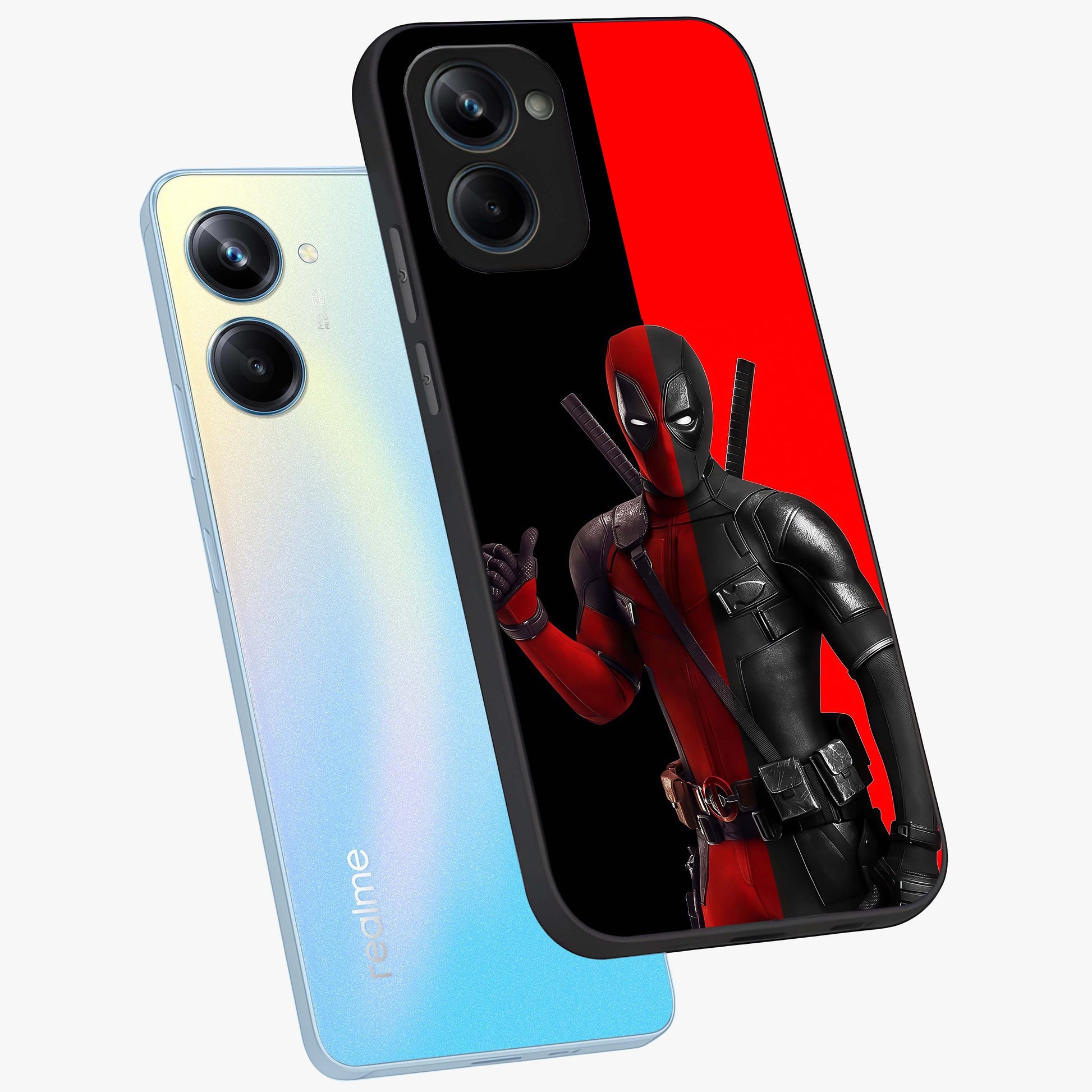 Red & Black Deadpool Theme Glass Case displayed in angled mockup highlighting vibrant superhero style illustration with action aesthetic.