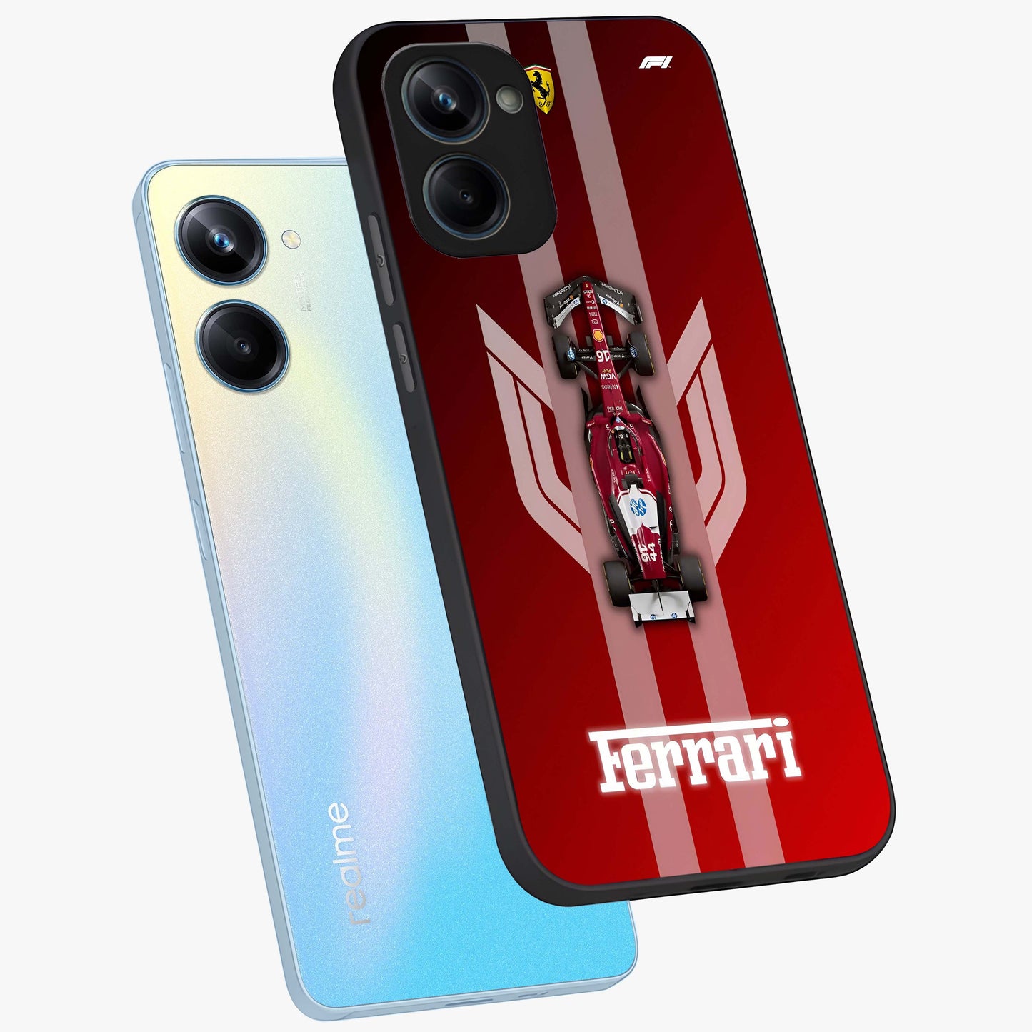 Red Ferrari F1 Vertical Glass Case displayed in angled mockup highlighting high speed racing design with bold automotive aesthetic.