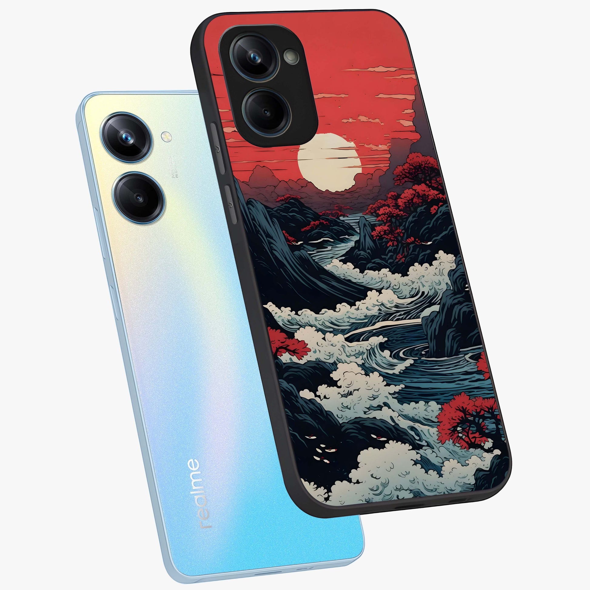 Red Sunset Scenery Glass Case displayed in angled mockup highlighting glowing sunset sky design with scenic aesthetic.