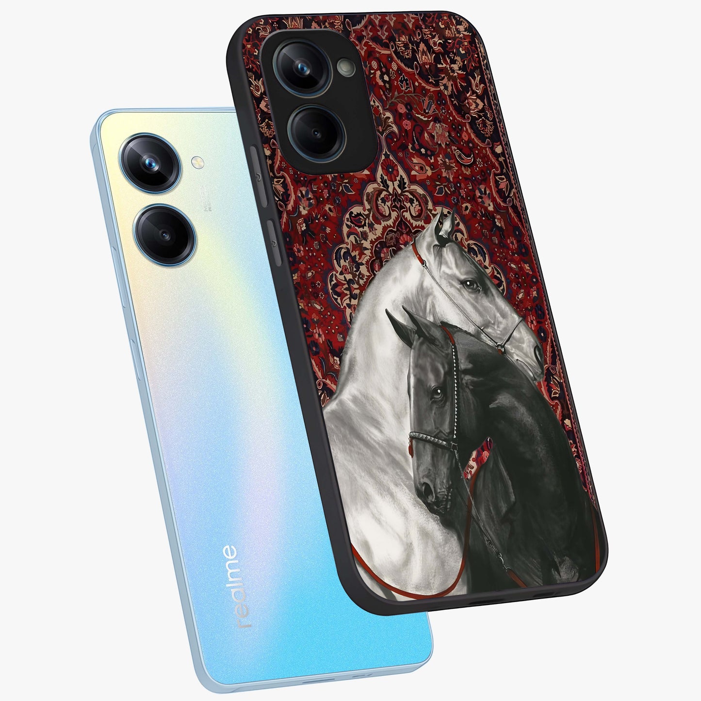 Regal Stallion Tapestry Glass Case displayed in angled mockup highlighting royal stallion design with decorative heritage aesthetic.
