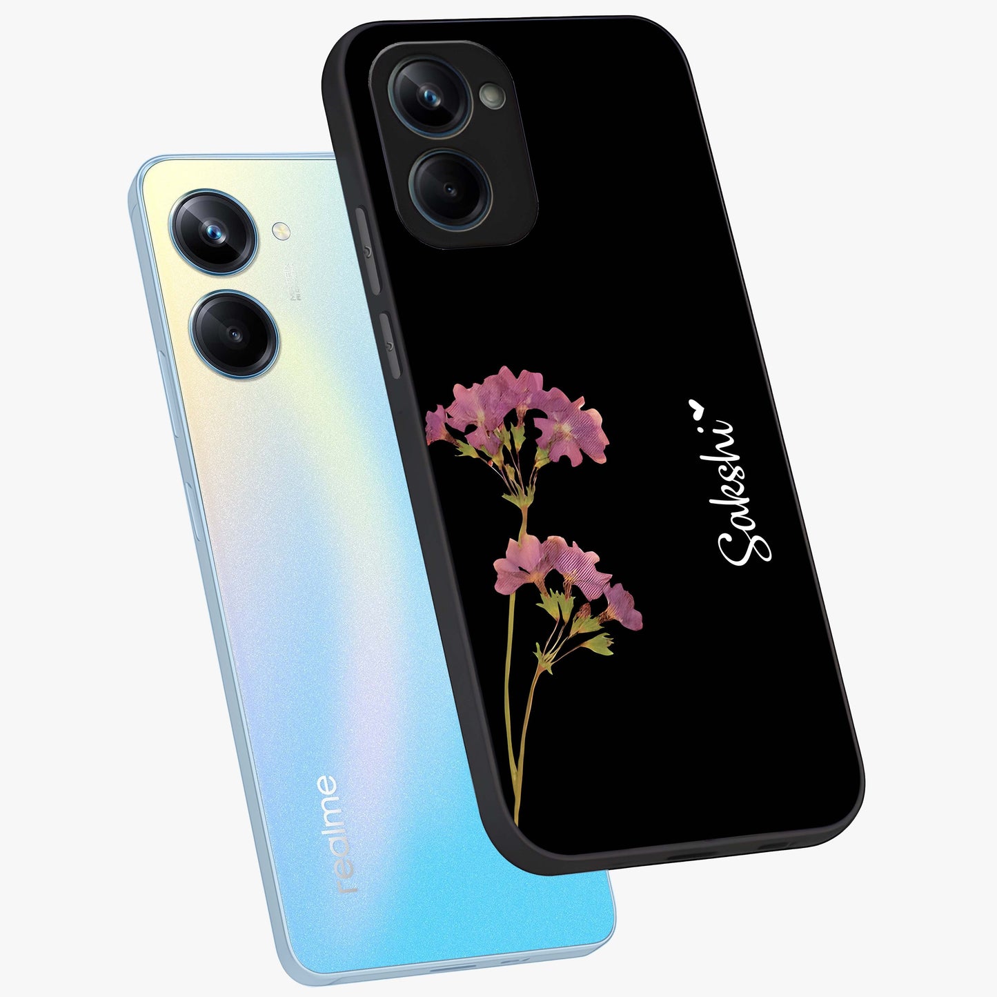 Riching Lavender Flower Custom Name Glass Case displayed in angled mockup highlighting delicate lavender flower design with custom name feature.