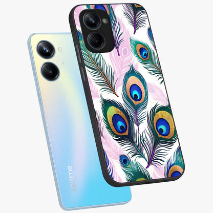 Royal Peacock Feathers Glass Case displayed in angled mockup highlighting vibrant feather pattern with regal aesthetic style.