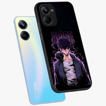 Shadow Monarch Awakening Glass Case displayed in angled mockup highlighting dramatic shadow warrior design with fantasy aesthetic.