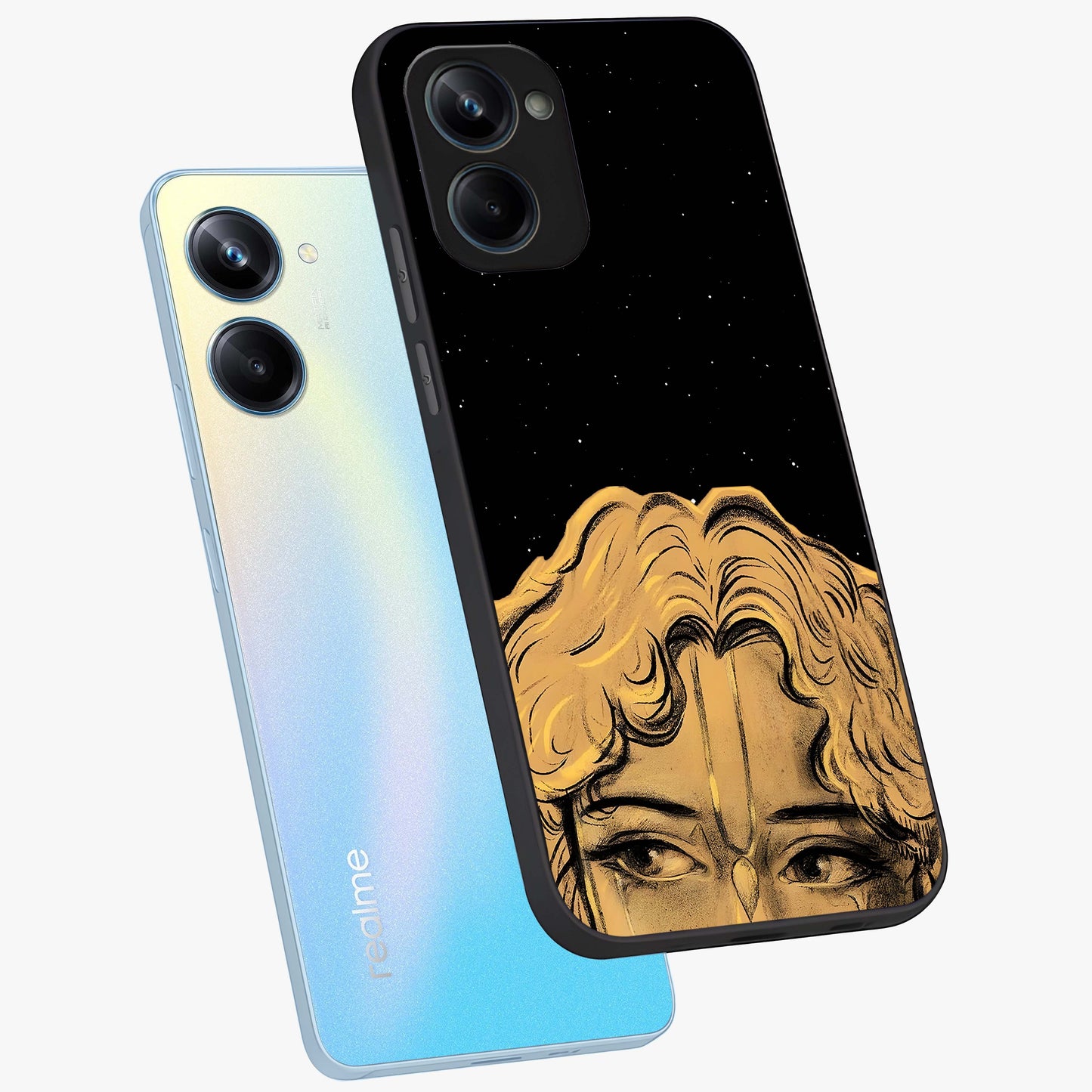 Shri Krishna Art Glass Case displayed in angled mockup highlighting spiritual Krishna illustration with divine aesthetic.