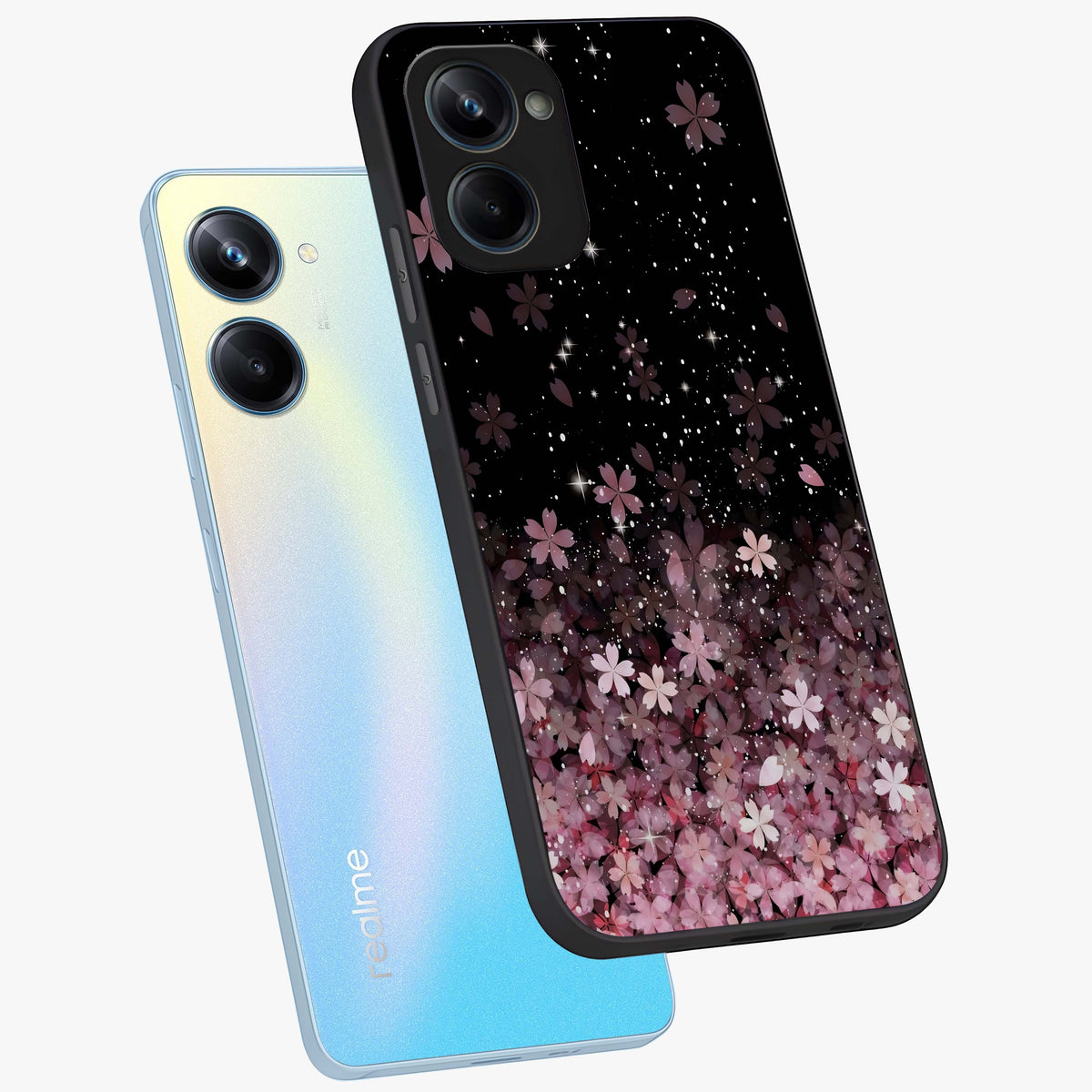Small Starry Flowers Glass Case displayed in angled mockup highlighting tiny flower pattern with celestial aesthetic style.