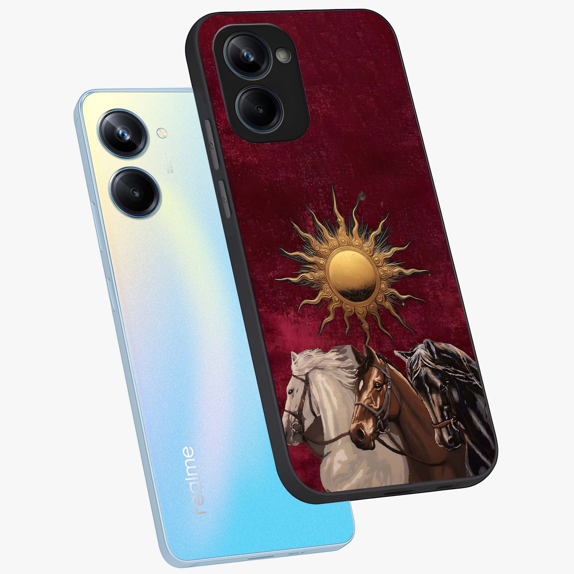 Solar Riders Glass Case displayed in angled mockup highlighting powerful rider illustration with radiant solar aesthetic.