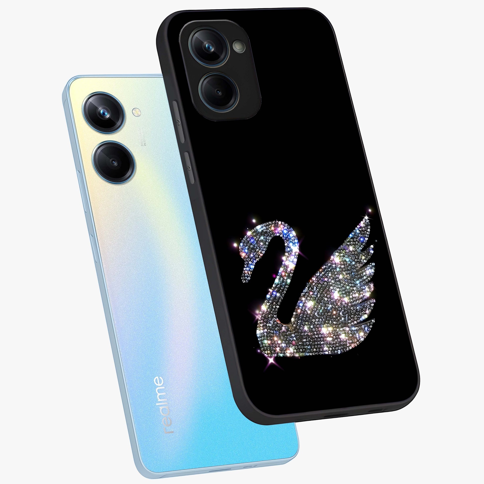 Starlit Swan Grace Glass Case displayed in angled mockup highlighting elegant swan illustration with dreamy celestial aesthetic.