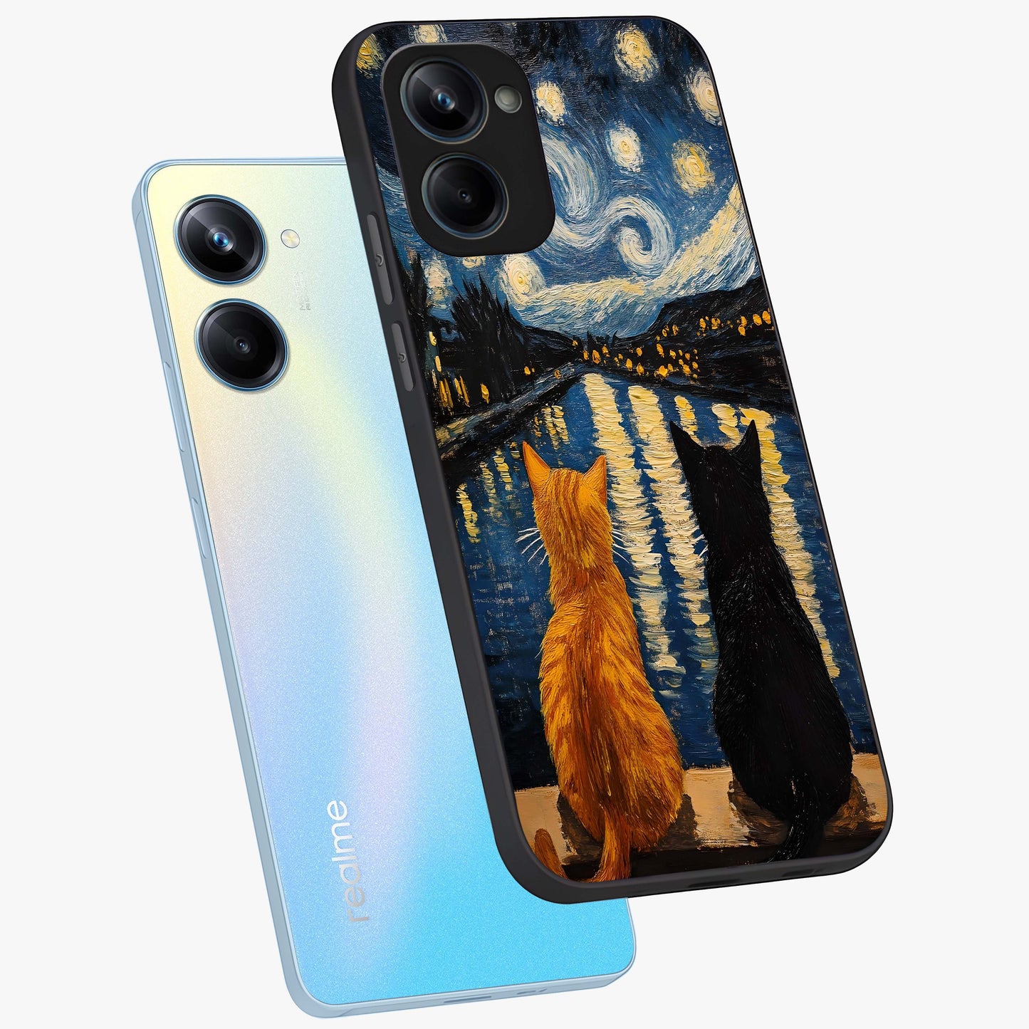 Starry River Cats Glass Case displayed in angled mockup highlighting charming feline illustration with dreamy night aesthetic.