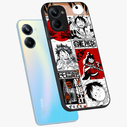 Strawhat Chaos Panels Glass Case displayed in angled mockup highlighting vibrant anime collage design with action aesthetic.