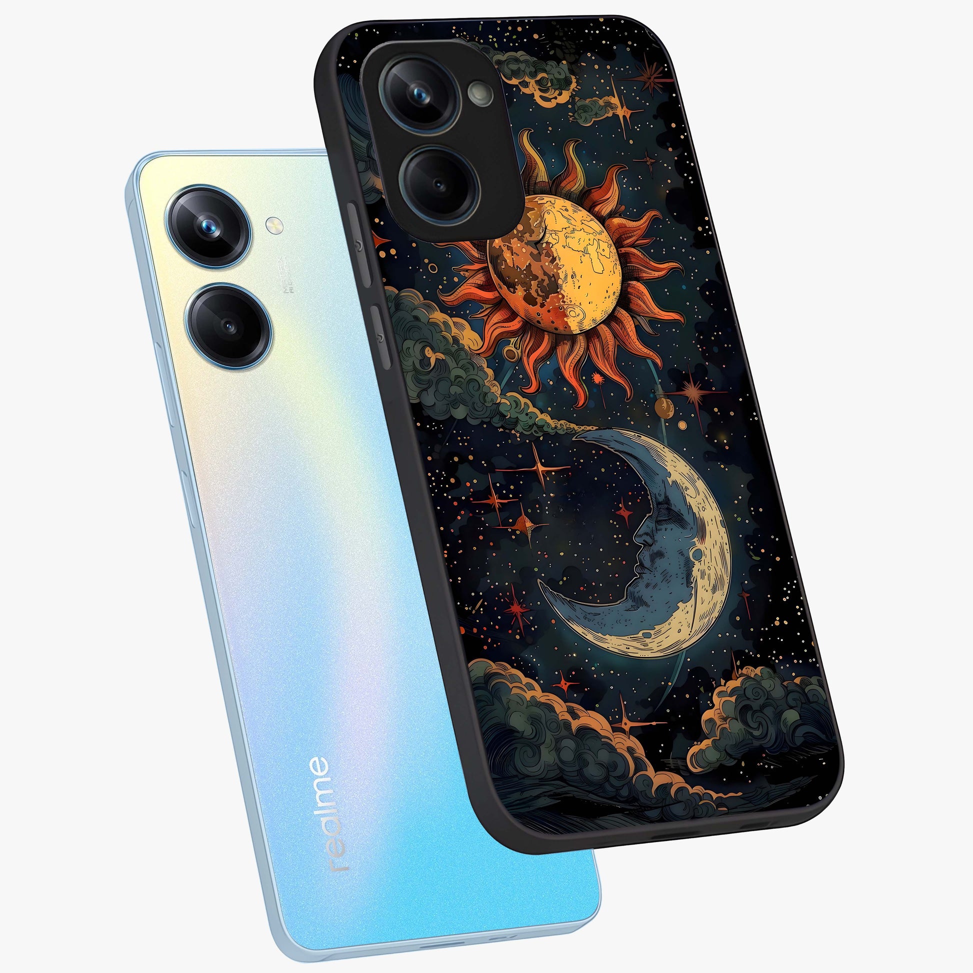 Sun And Moon Magic Design Glass Case displayed in angled mockup highlighting celestial design with magical cosmic aesthetic.