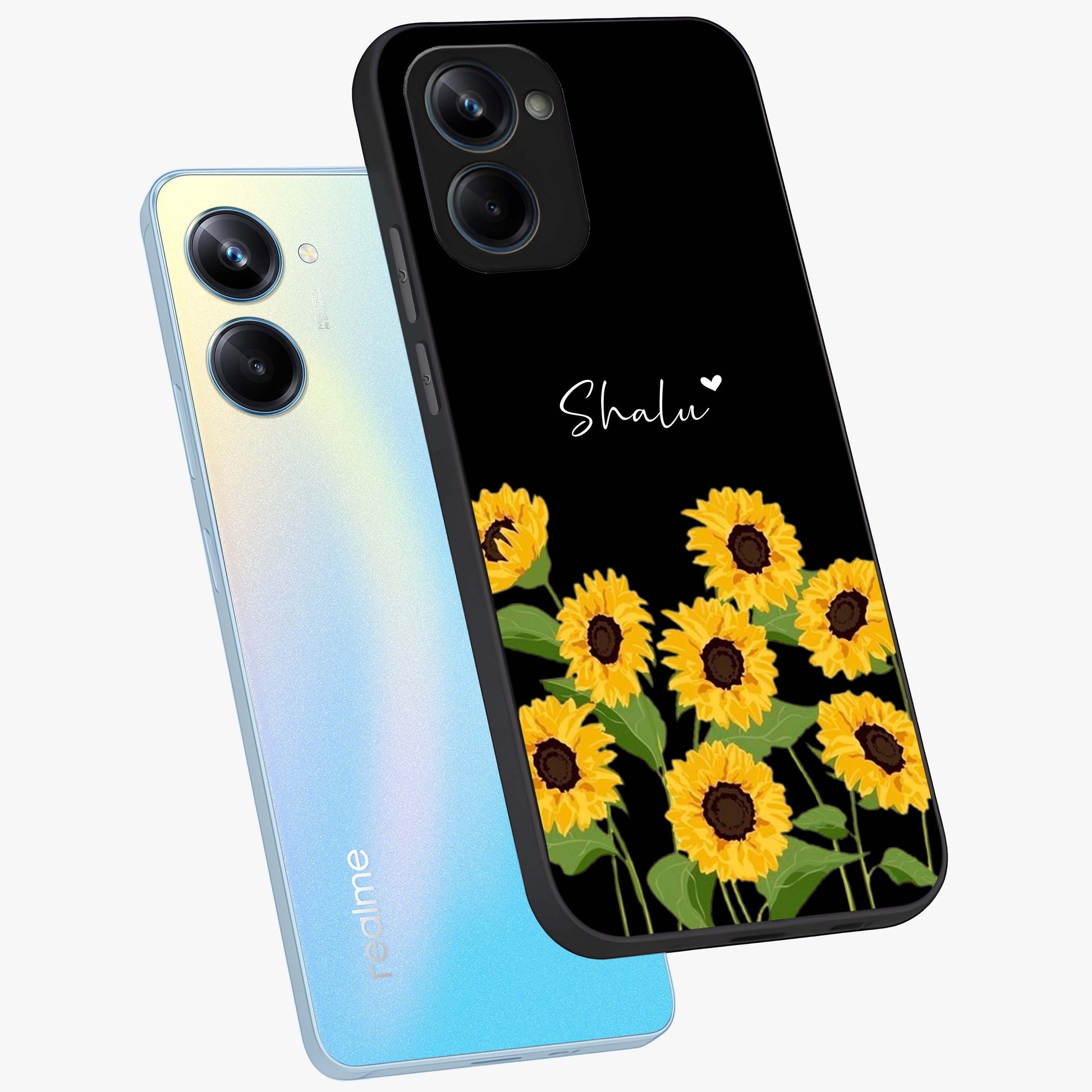 Sunflower Chic Mood Custom Name Glass Case displayed in angled mockup highlighting vibrant sunflower design with custom name feature.