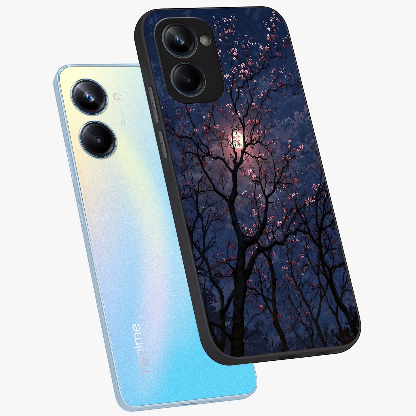 Twilight Sakura Serenade Glass Case displayed in angled mockup highlighting delicate sakura flower design with dreamy aesthetic.