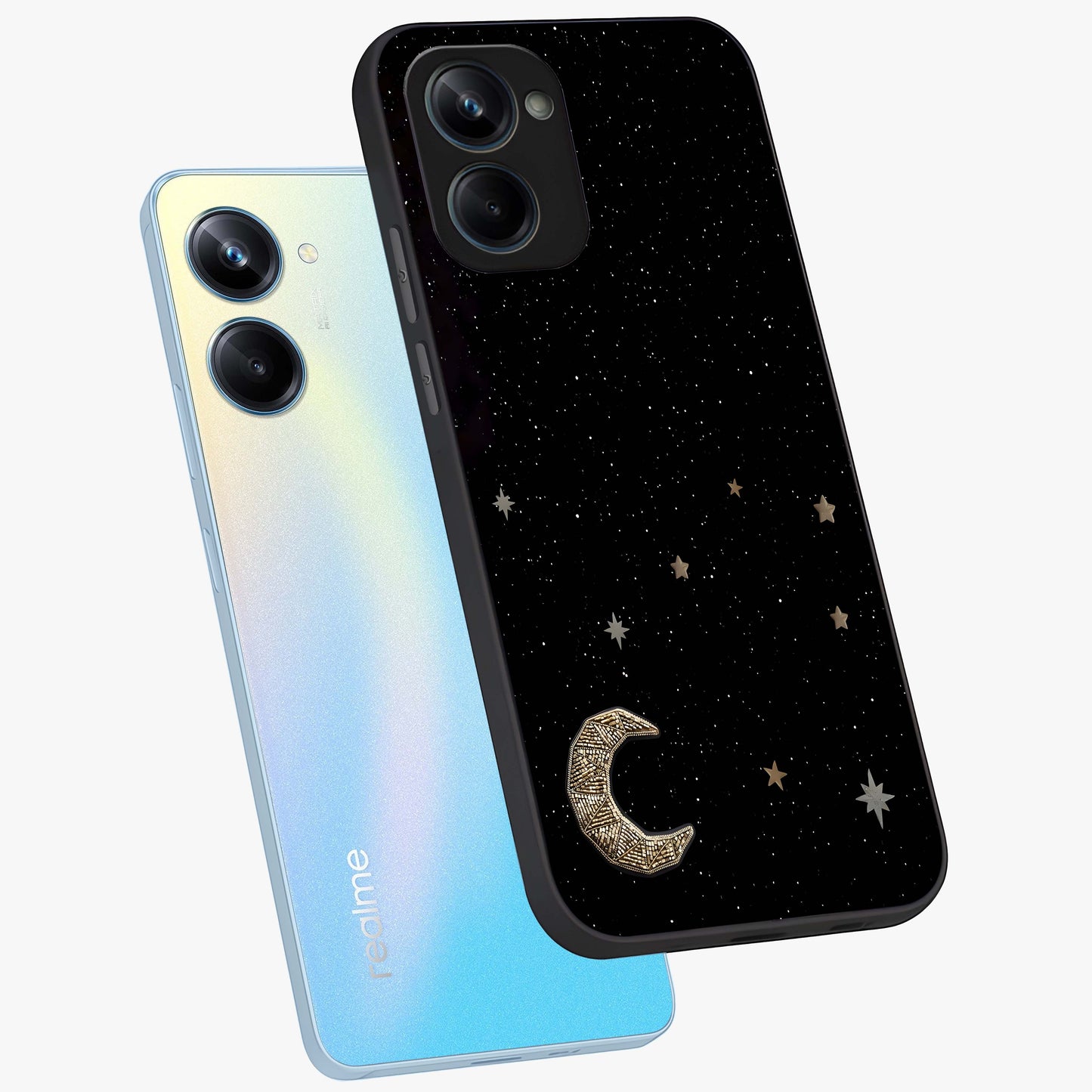 Twinkle Star With Half Moon Glass Case displayed in angled mockup highlighting celestial moon and star design with magical aesthetic.