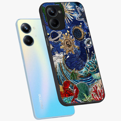 Universe Underwater Spark Glass Case displayed in angled mockup highlighting glowing aquatic design with celestial aesthetic.