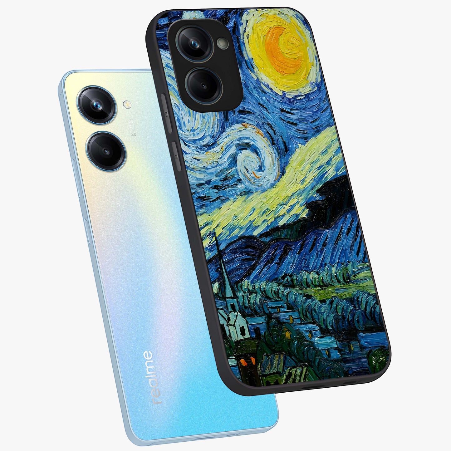 Van Gogh Art Glass Case displayed in angled mockup highlighting swirling brushstroke design with artistic aesthetic.