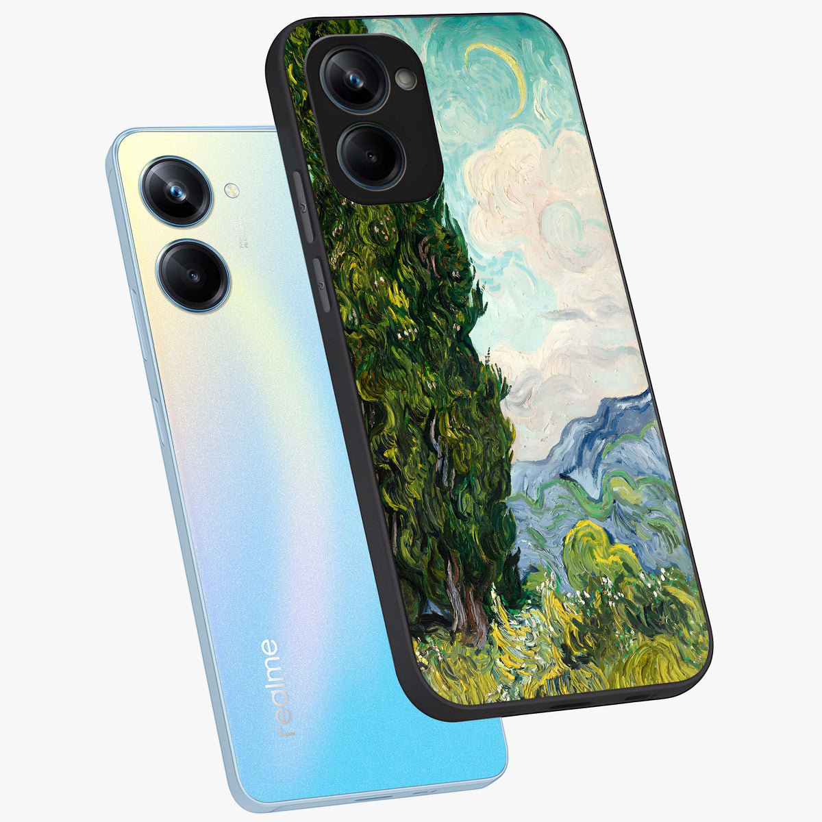 Van Gogh Vintage Art Glass Case displayed in angled mockup highlighting textured brushstroke design with classic aesthetic.