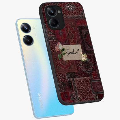 Velvet Wine Pattern Custom Name Glass Case displayed in angled mockup highlighting decorative velvet inspired design with custom name feature.
