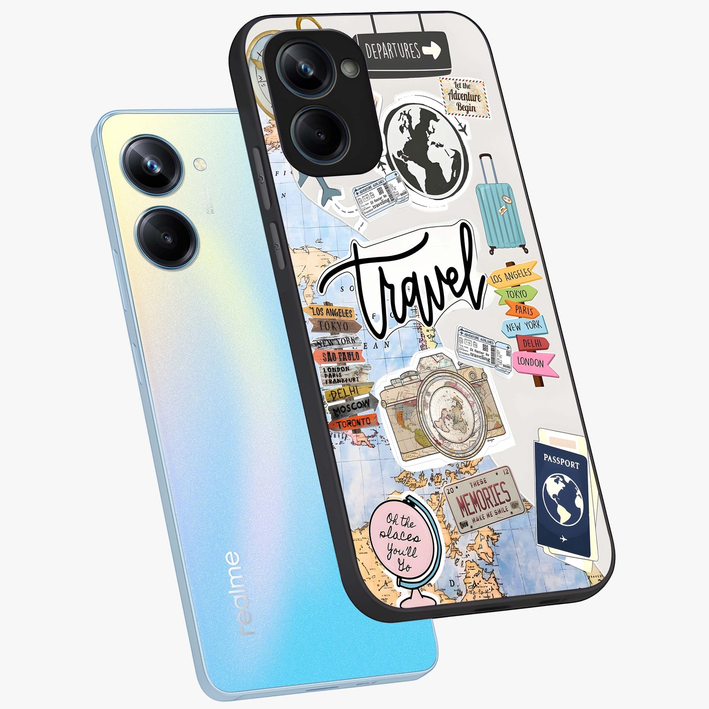 Wanderlust Journal Glass Case displayed in angled mockup highlighting adventure themed design with aesthetic travel vibe.