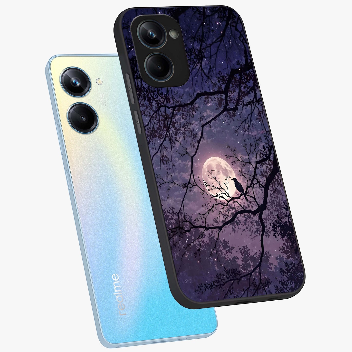 Whispering Moon Silence Glass Case displayed in angled mockup highlighting calm lunar design with dreamy night aesthetic.